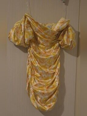 Oh Polly Yellow Floral Ruched Off-Shoulder Mini Dress | US 4 / UK 8 / EU 36
